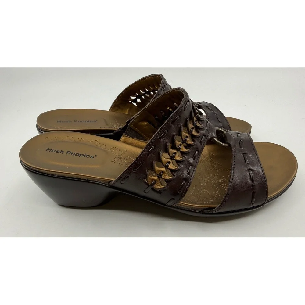 Hush Puppies Knotted Dark Brown Leather Wedge Slide Sandals H503083 Womens 8M
